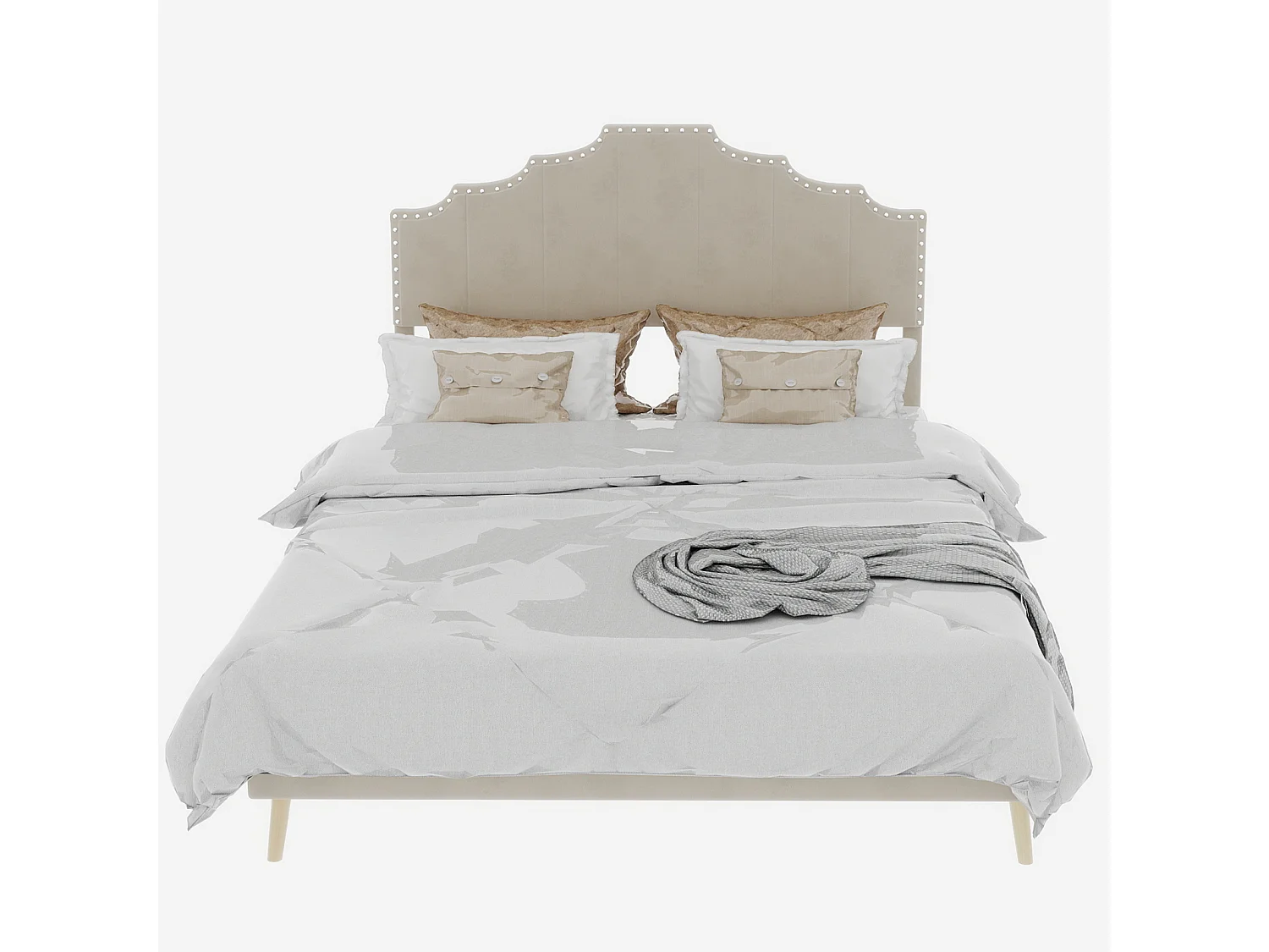 Łóżko dla dorosłych 140x200 cm, łóżko podwójne z tapicerowanym zagłówkiem i stelażem - aksamit - kolor beżowy (bez materaca)