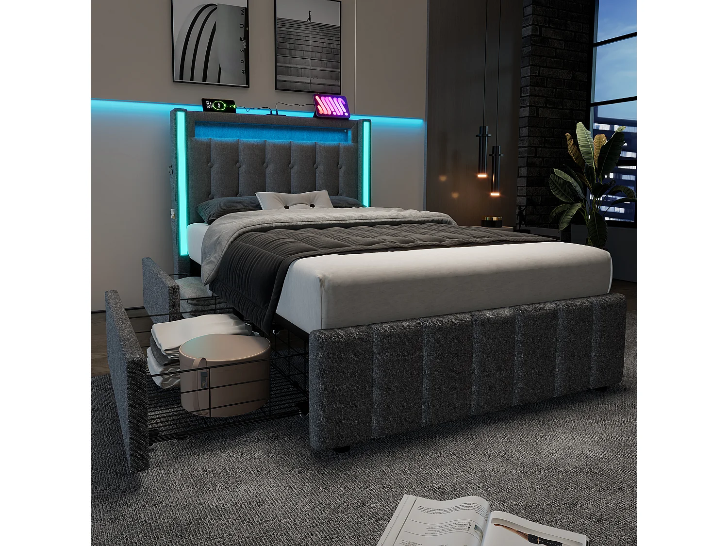 lit enfant 90x200 cm - avec tête de lit, 3 USB+1 Type-C, LED, 2 tiroirs - en lin - gris - matelas inclus