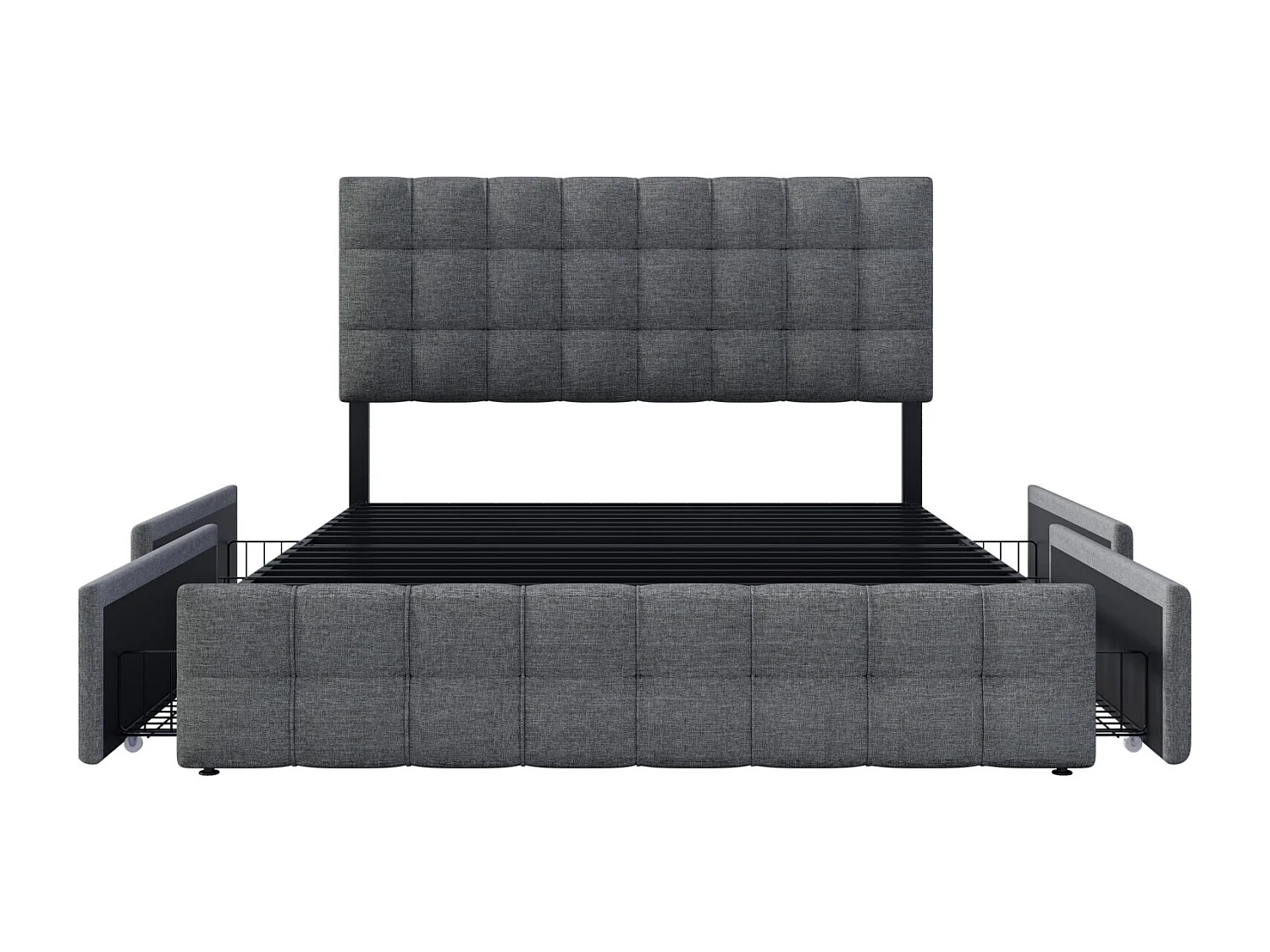 Cama adulto 140 x 200 cm con cabecero ajustable y 4 cajones, somier de láminas metálicas - Lino gris (sin colchón)