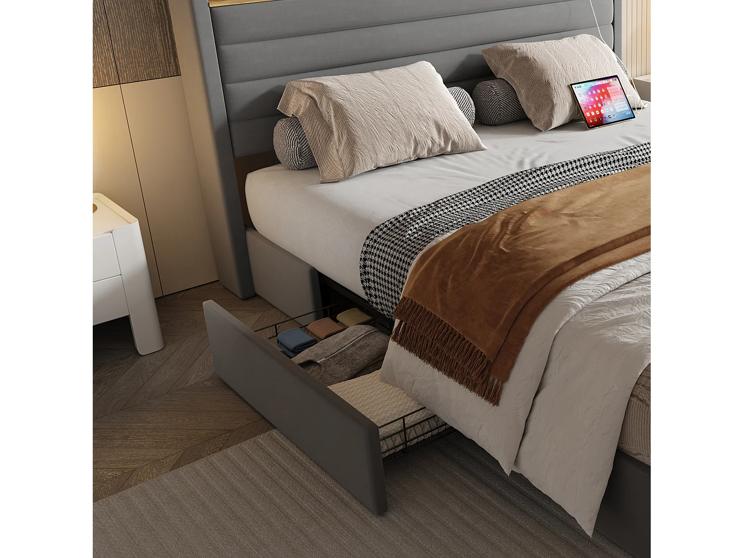 Erwachsenenbett 140x200 cm, Doppelbett mit USB-Anschluss und 4 Schubladen – grauer Samt (ohne Matratze)