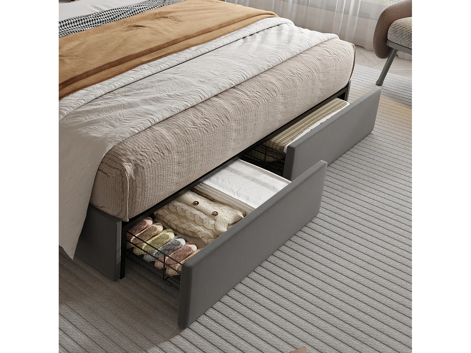 Erwachsenenbett 140x200 cm, Doppelbett mit USB-Anschluss und 4 Schubladen – grauer Samt (ohne Matratze)