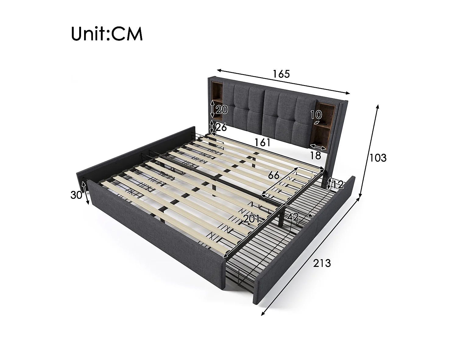 Volwassen bed 160x200 cm, tweepersoonsbed met draadloos opladen en USB-poorten, 4 lades - grijze linnen (zonder matras)