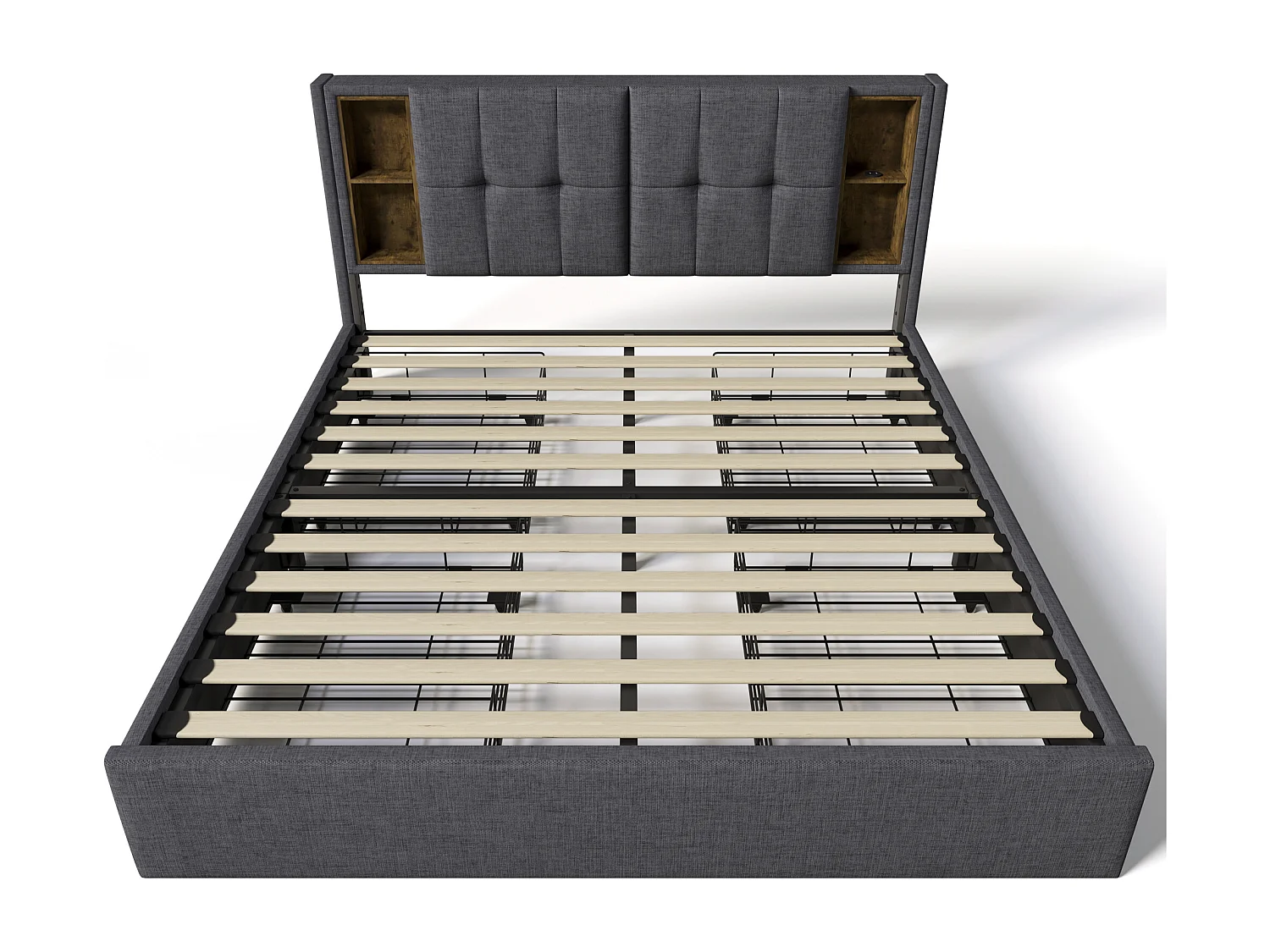 Volwassen bed 160x200 cm, tweepersoonsbed met draadloos opladen en USB-poorten, 4 lades - grijze linnen (zonder matras)