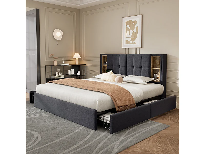 Volwassen bed 160x200 cm, tweepersoonsbed met draadloos opladen en USB-poorten, 4 lades - grijze linnen (zonder matras)