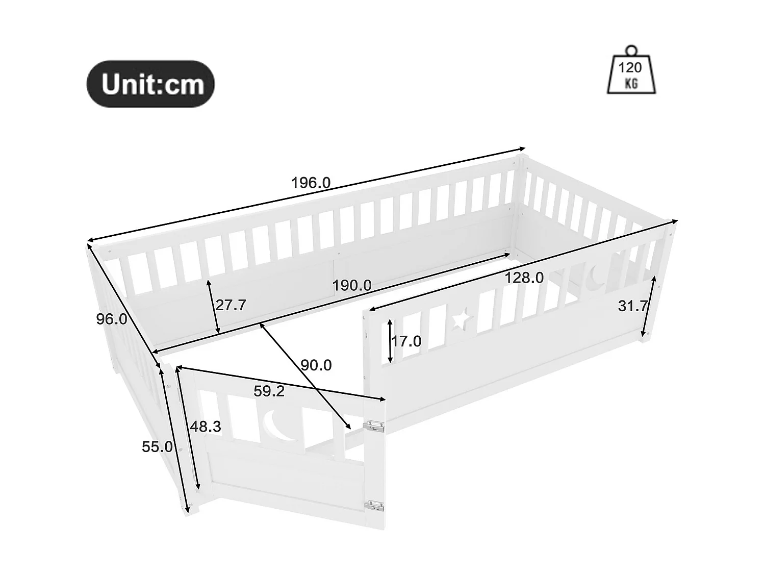 Kinderbett 90x190 cm mit 1 Tür und Absturzsicherung - Weiß (ohne Lattenrost)