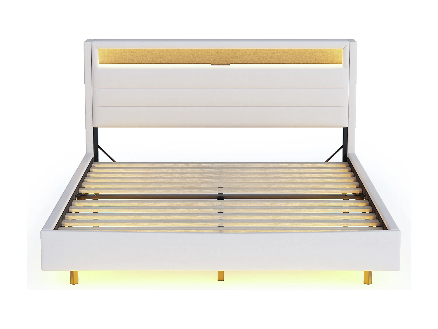 Letto per adulti 140x200 cm, letto matrimoniale con USB e luci LED, testiera contenitore - lino beige (senza materasso)