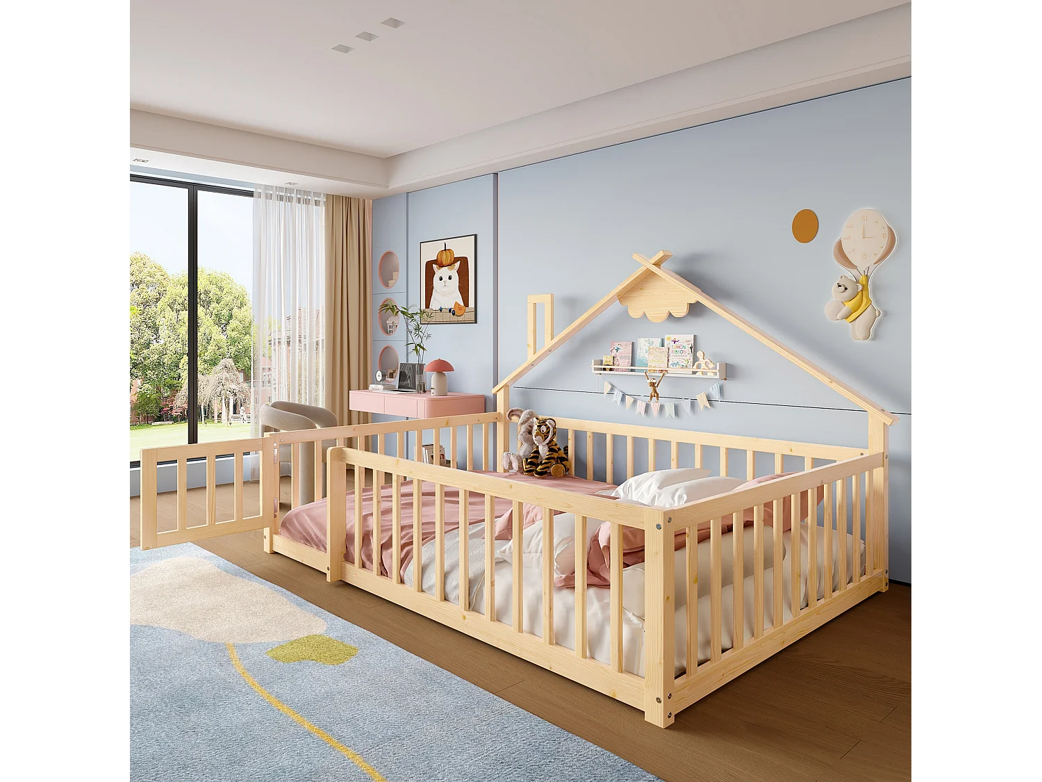 Lit enfant 140x190 cm Lit double avec barrières de sécurité et sommier à lattes - pin - naturel (sans matelas)