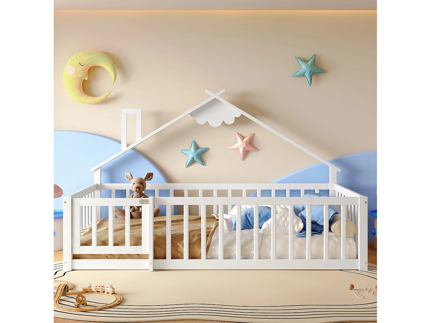 Lit enfant 90x190 cm Lit en bois avec barrières de sécurité et sommier à lattes - pin - blanc (sans matelas)