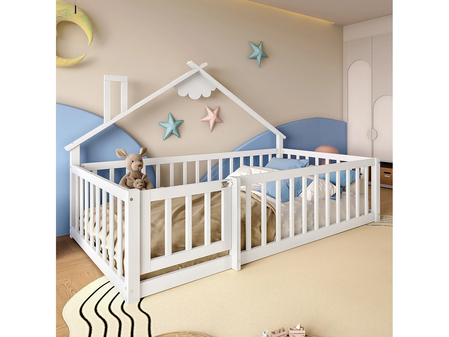 Lit enfant 90x190 cm Lit en bois avec barrières de sécurité et sommier à lattes - pin - blanc (sans matelas)