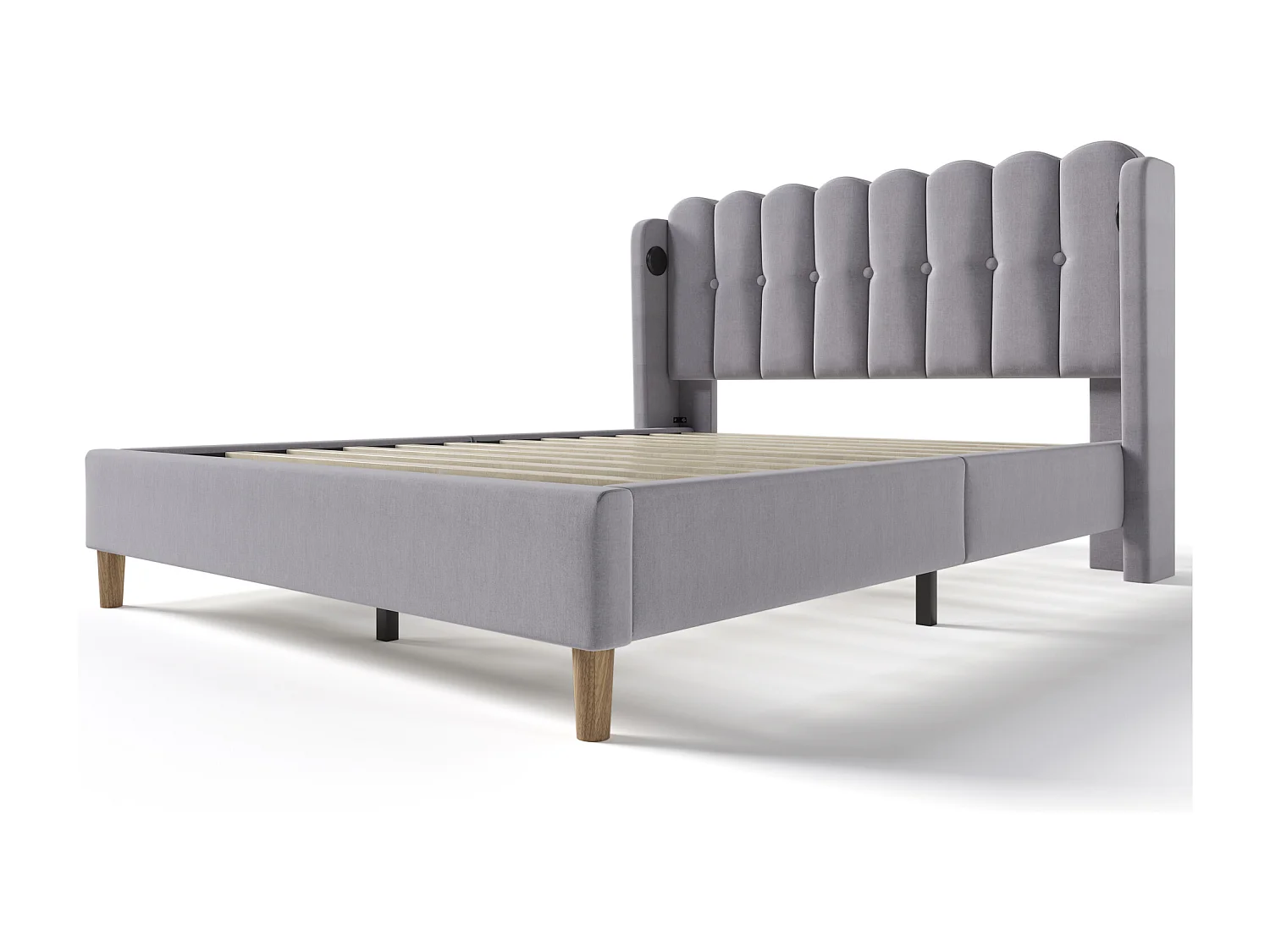 Lit adulte 160x200 cm - avec tête de lit, USB et Type-C, sommier à lattes - en lin - gris - matelas inclus