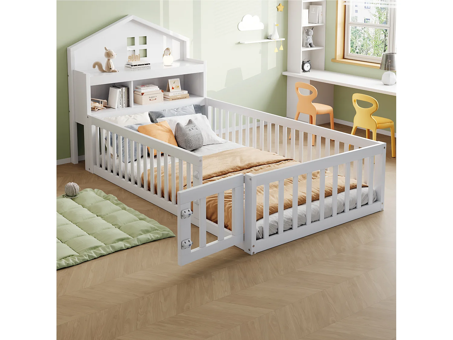 Lit enfant 90x200 cm Lit ado avec étagère de rangement et sommier à lattes en bois - blanc (sans matelas)