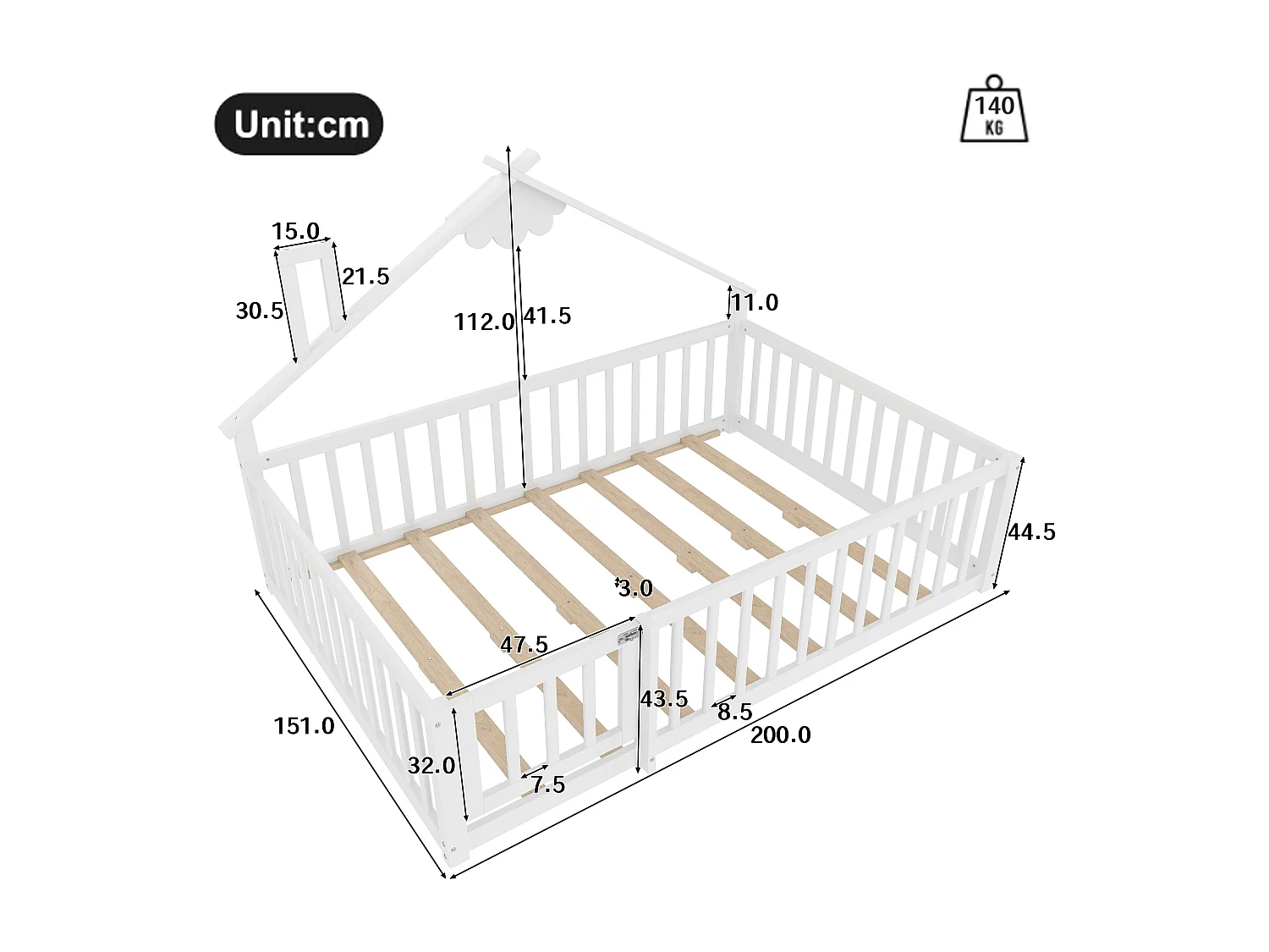 Kinderbed 140x190 cm Tweepersoonsbed met uitvalbeveiliging en lattenbodem - grenen - wit (zonder matras)