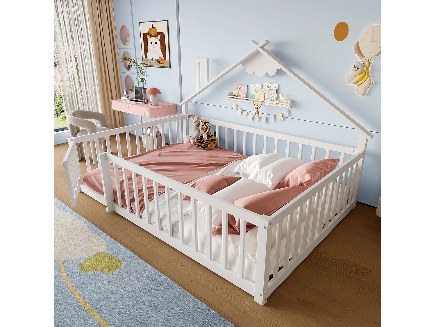 Lit enfant 140x190 cm Lit double avec barrières de sécurité et sommier à lattes - pin - blanc (sans matelas)