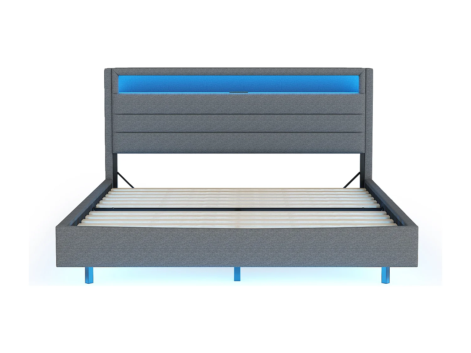 Łóżko dla dorosłych 160x200 cm, łóżko małżeńskie z USB i LED, zagłówek ze schowkiem - len szary (bez materaca)