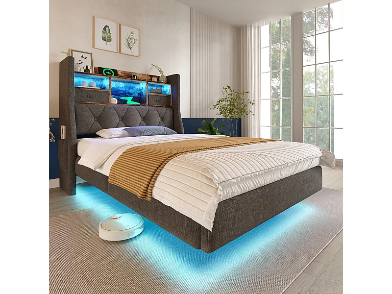 Lit enfant 90x200 cm Lit ado avec LED et USB, rangement tête de lit - lin gris (sans matelas)