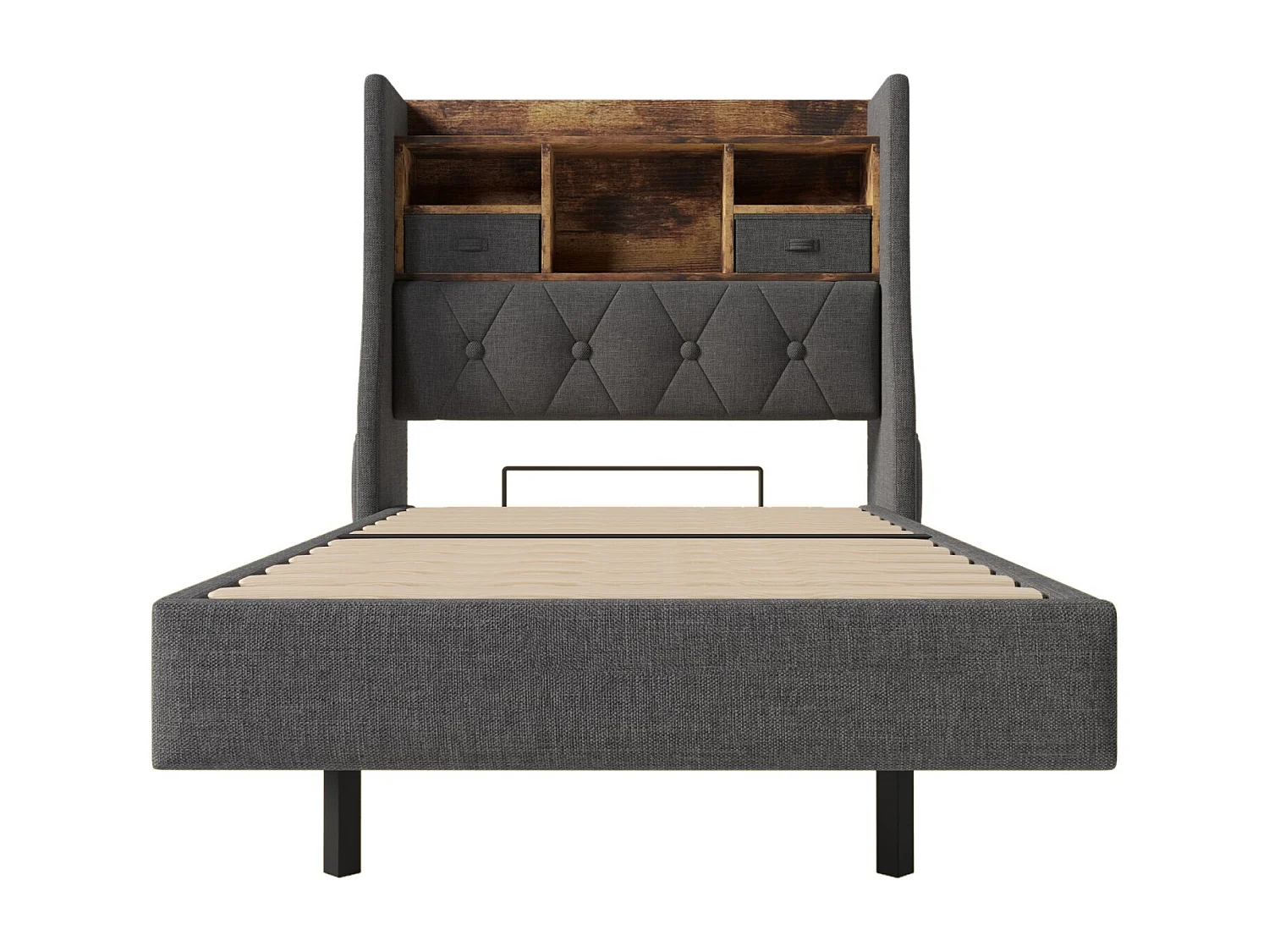 Lit enfant 90x200 cm Lit ado avec LED et USB, rangement tête de lit - lin gris (sans matelas)