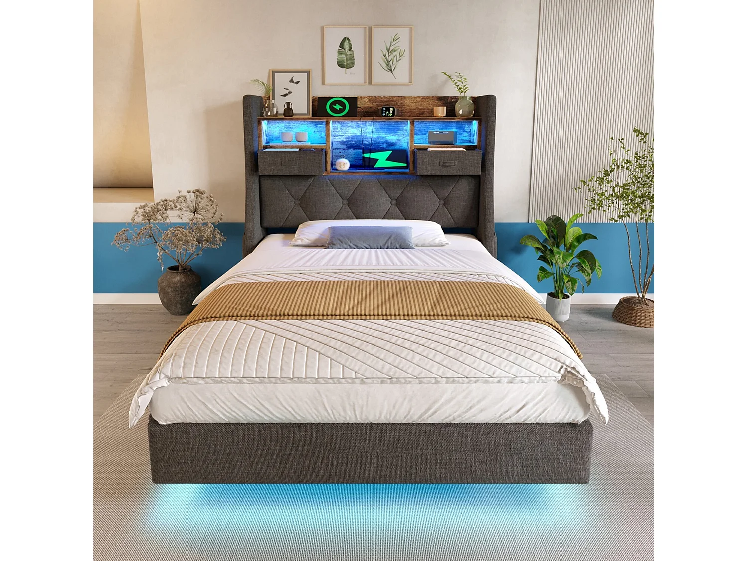 Kinderbett 90 x 200 cm, Jugendbett mit USB und LED, Stauraum-Kopfteil - Graues Leinen (ohne Matratze)