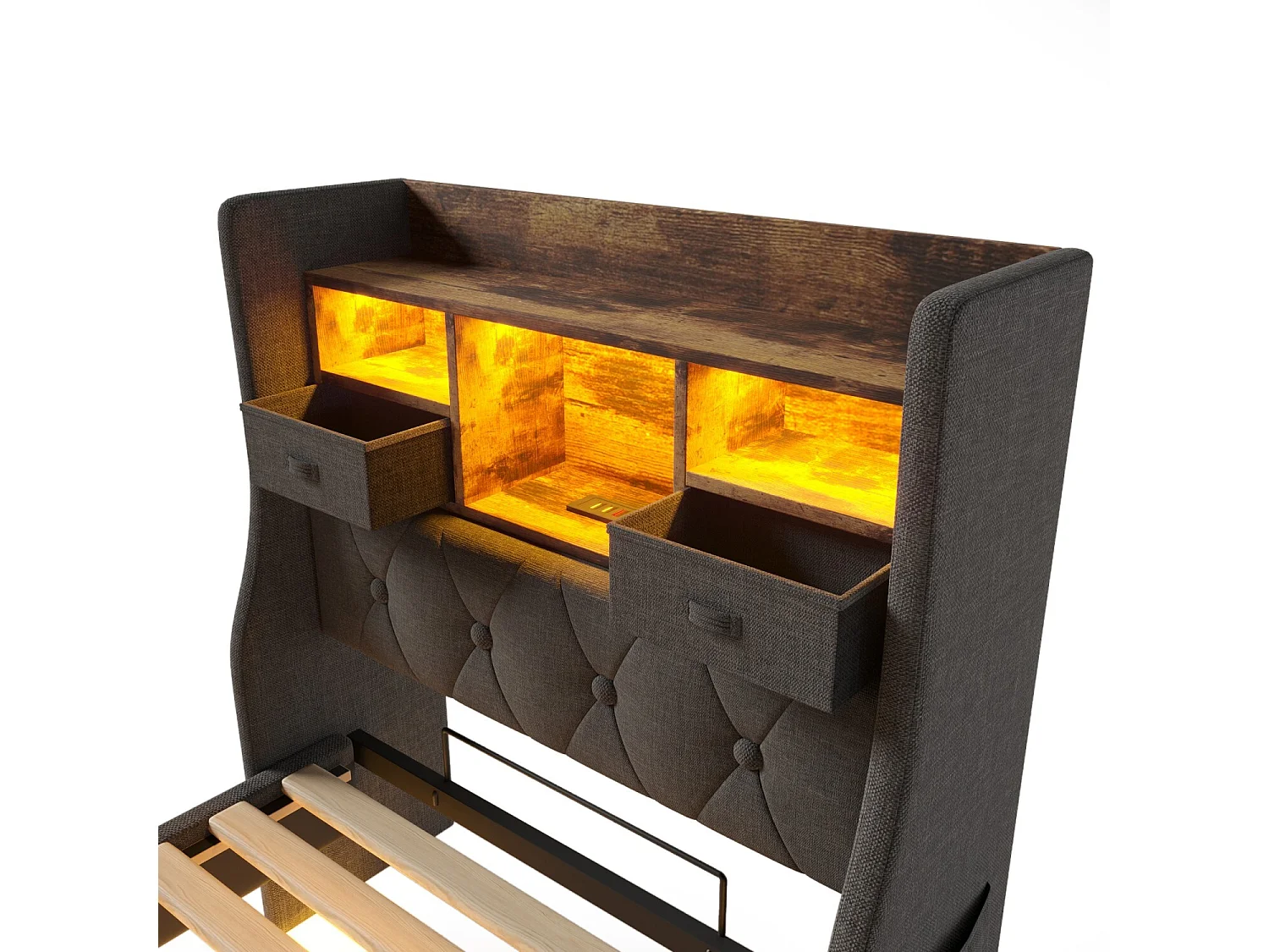 Kinderbett 90 x 200 cm, Jugendbett mit USB und LED, Stauraum-Kopfteil - Graues Leinen (ohne Matratze)