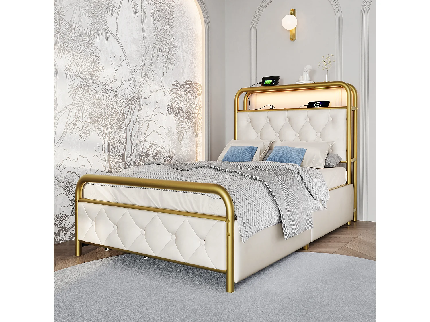 lit enfant 90x200 cm - avec tête de lit, USB, Type-C, LED, 2 tiroirs, étagères - en velours - blanc - sans matelas