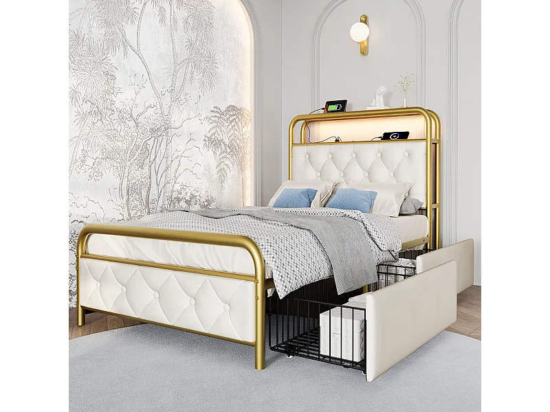 lit enfant 90x200 cm - avec tête de lit, USB, Type-C, LED, 2 tiroirs, étagères - en velours - blanc - sans matelas