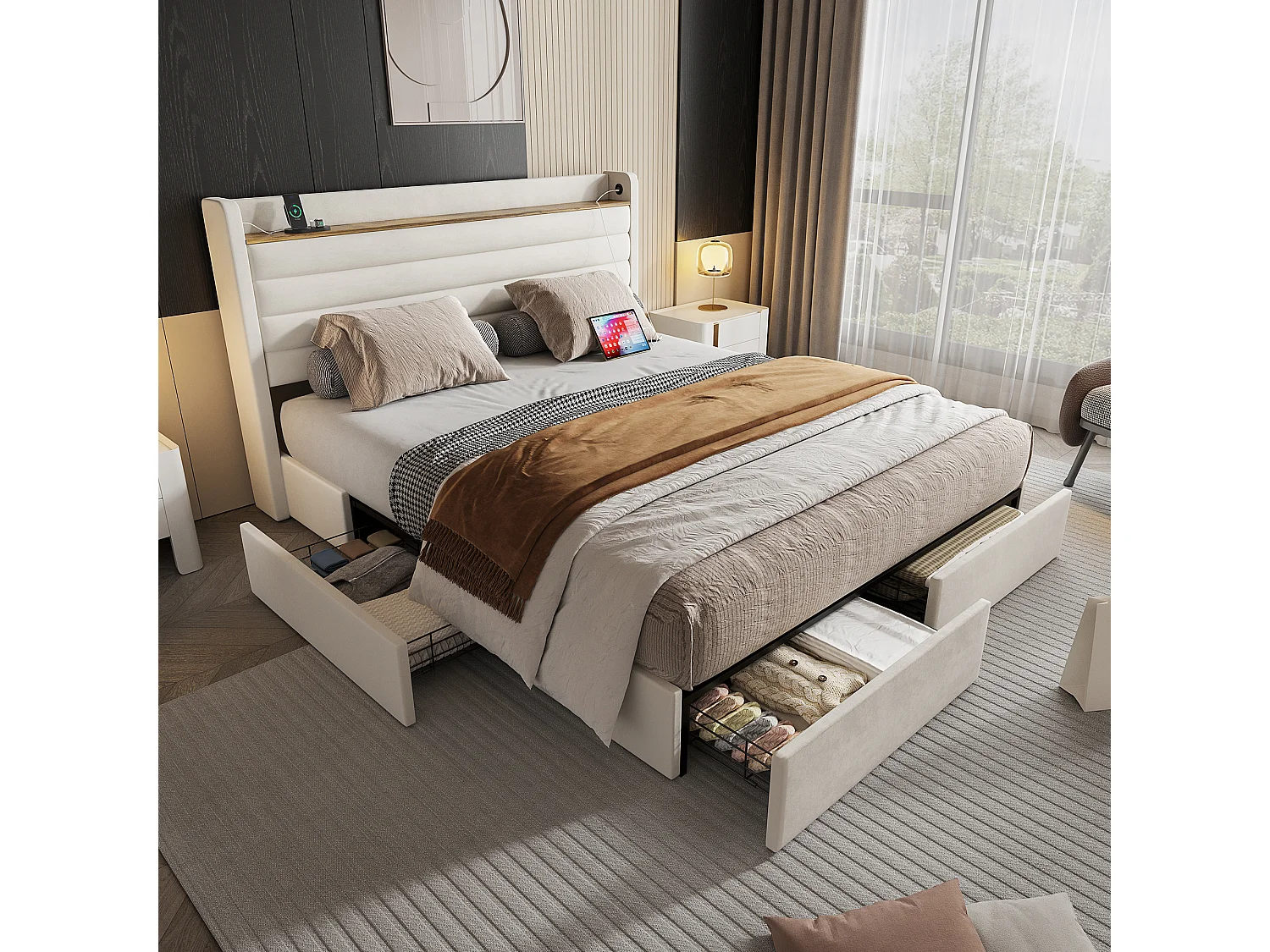 Lit adulte 140x200 cm, lit double avec port USB et 4 tiroirs de rangement - velours beige (sans matelas)