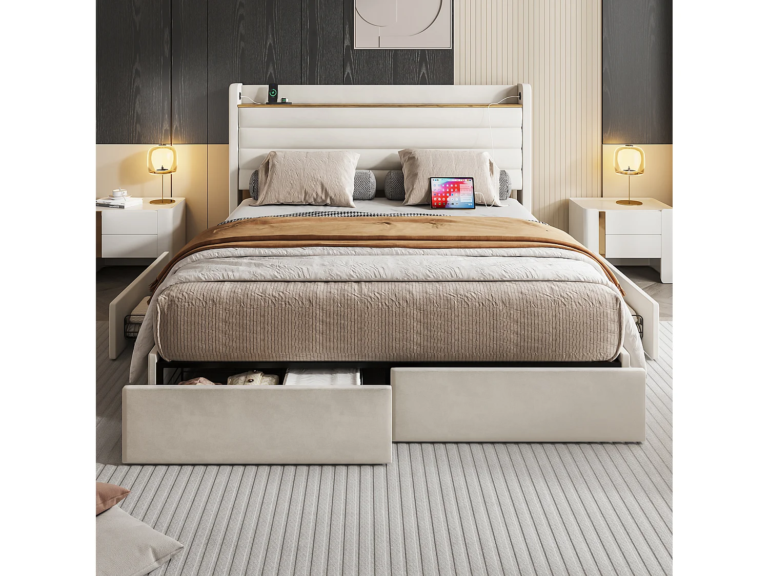 Lit adulte 140x200 cm, lit double avec port USB et 4 tiroirs de rangement - velours beige (sans matelas)