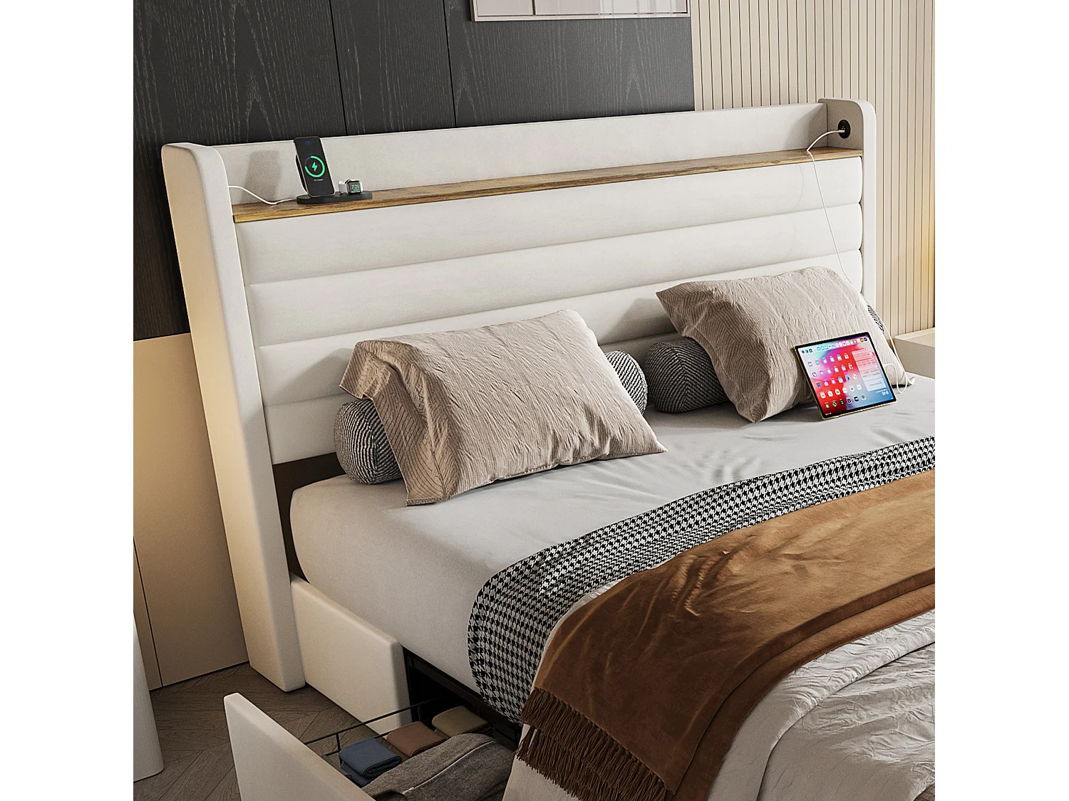 Lit adulte 140x200 cm, lit double avec port USB et 4 tiroirs de rangement - velours beige (sans matelas)