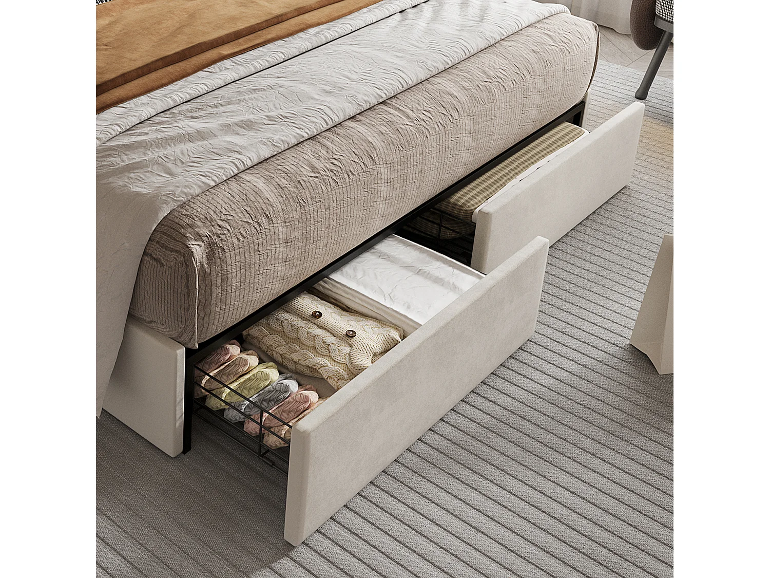 Lit adulte 140x200 cm, lit double avec port USB et 4 tiroirs de rangement - velours beige (sans matelas)