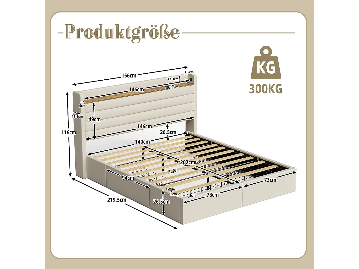 Erwachsenenbett 140x200 cm, Doppelbett mit USB-Anschluss und 4 Schubladen – beiger Samt (ohne Matratze)