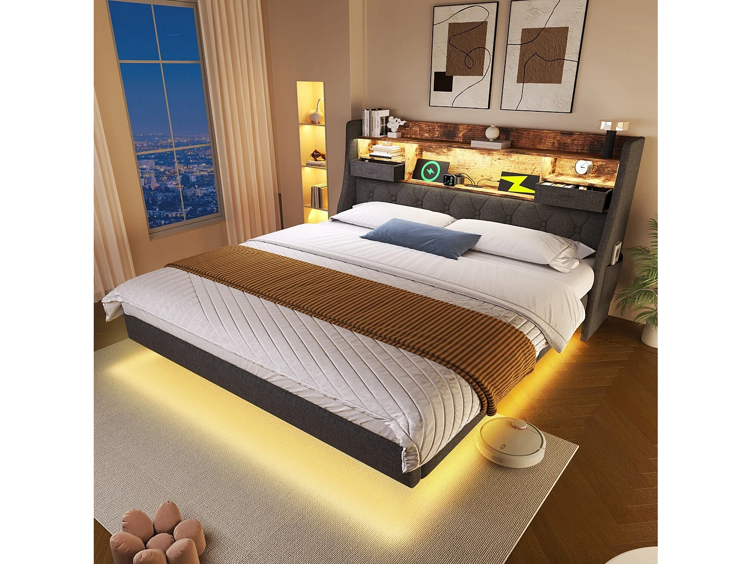 Letto per adulti 140x200 cm Letto matrimoniale con USB e LED, testiera contenitore - Lino grigio (senza materasso)