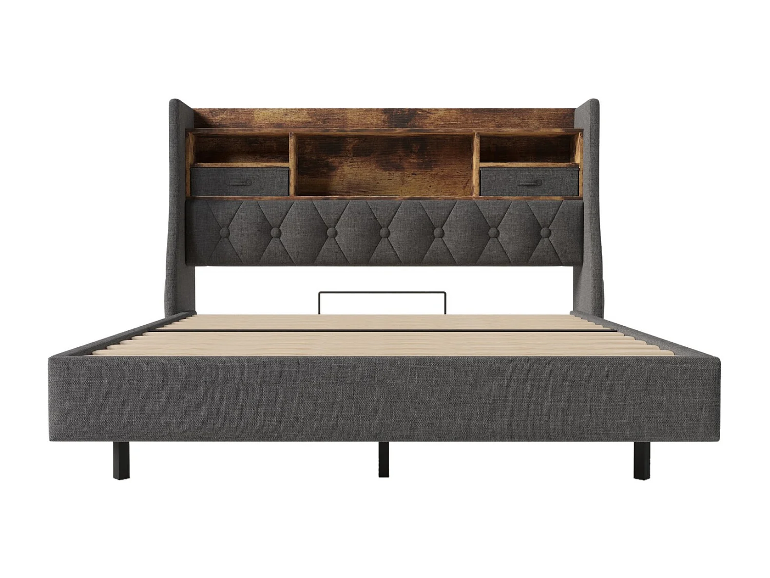 Letto per adulti 140x200 cm Letto matrimoniale con USB e LED, testiera contenitore - Lino grigio (senza materasso)