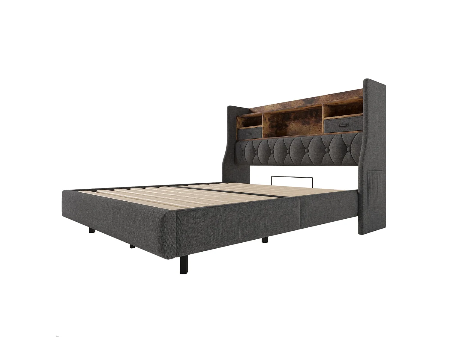 Letto per adulti 140x200 cm Letto matrimoniale con USB e LED, testiera contenitore - Lino grigio (senza materasso)