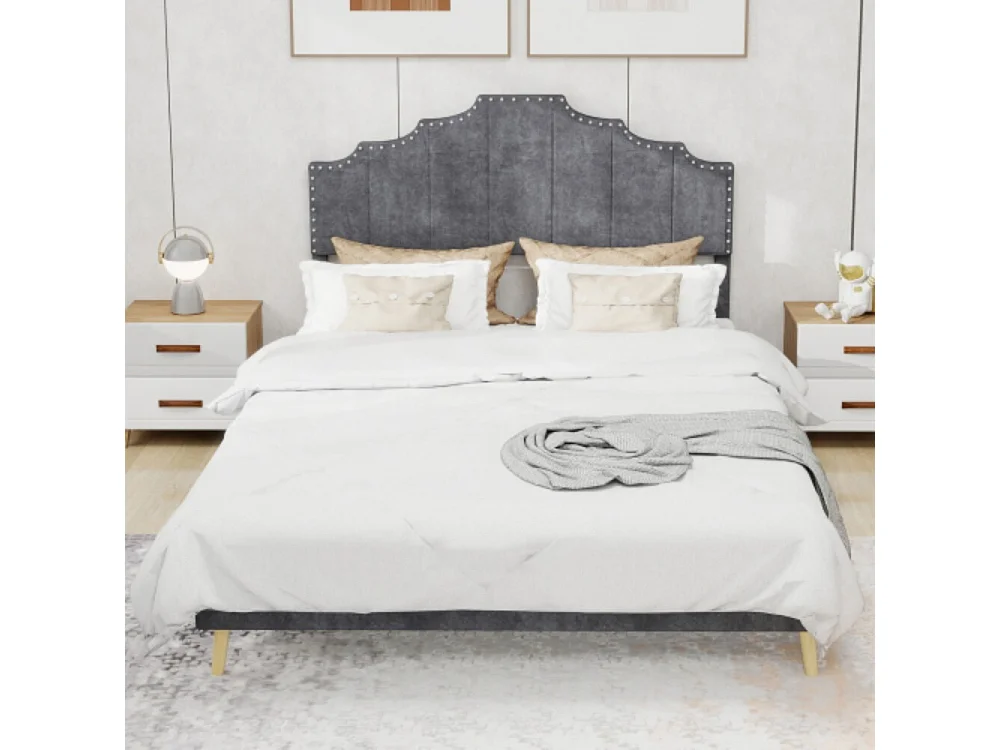 Cama de adulto de 160x200 cm, cama doble con cabecero tapizado y somier de láminas - terciopelo - gris (sin colchón)