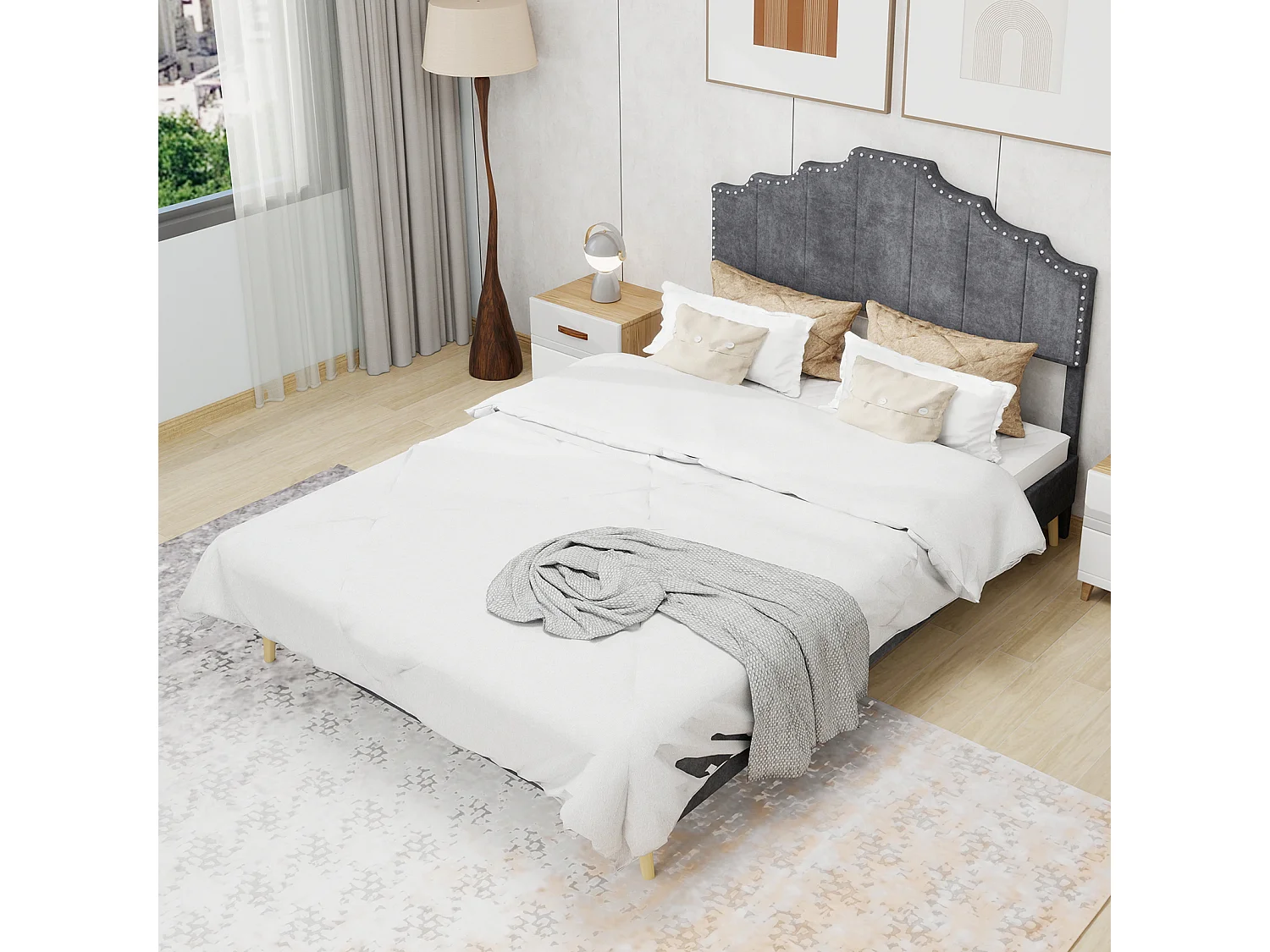 Cama de adulto de 160x200 cm, cama doble con cabecero tapizado y somier de láminas - terciopelo - gris (sin colchón)