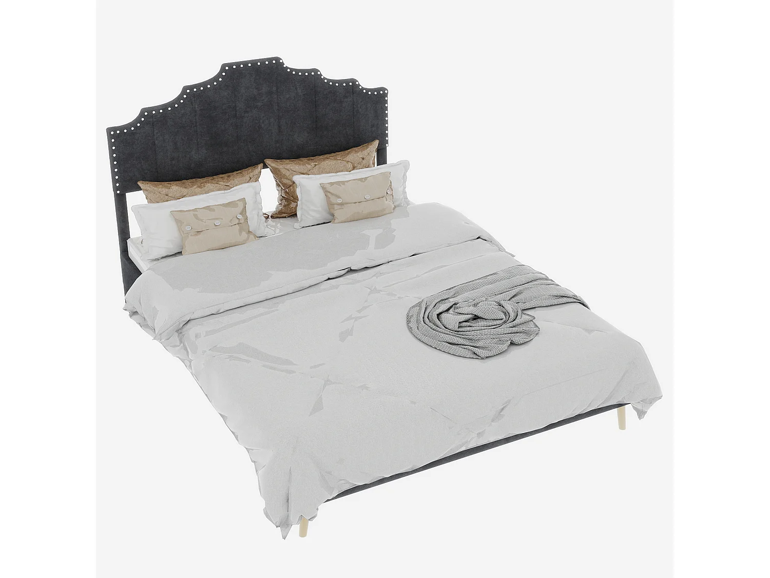 Cama de adulto de 160x200 cm, cama doble con cabecero tapizado y somier de láminas - terciopelo - gris (sin colchón)