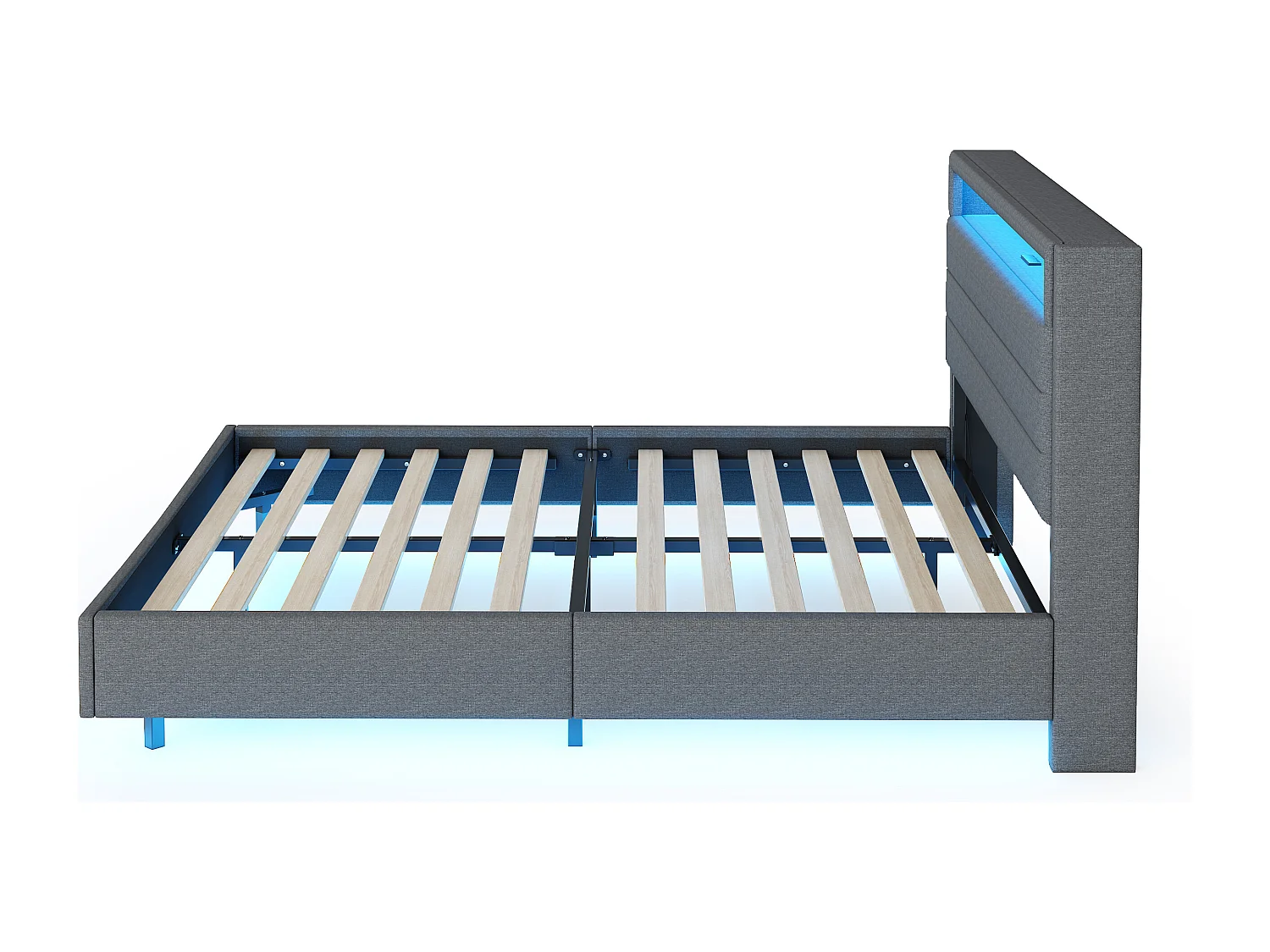 Lit adulte 140x200 cm, lit double avec USB et éclairage LED, tête de lit avec rangement - lin gris (sans matelas)