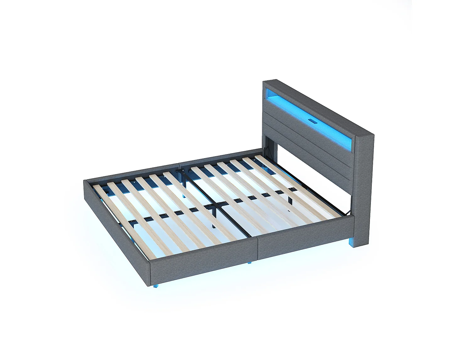 Lit adulte 140x200 cm, lit double avec USB et éclairage LED, tête de lit avec rangement - lin gris (sans matelas)