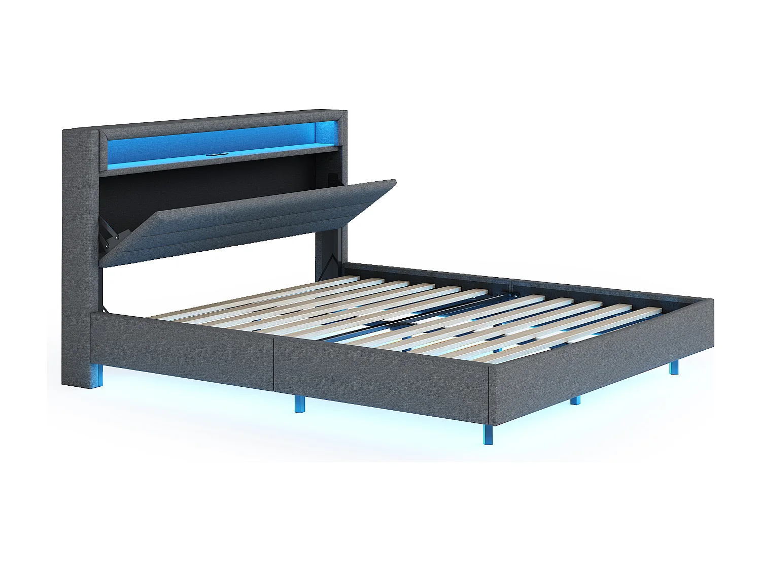 Lit adulte 140x200 cm, lit double avec USB et éclairage LED, tête de lit avec rangement - lin gris (sans matelas)