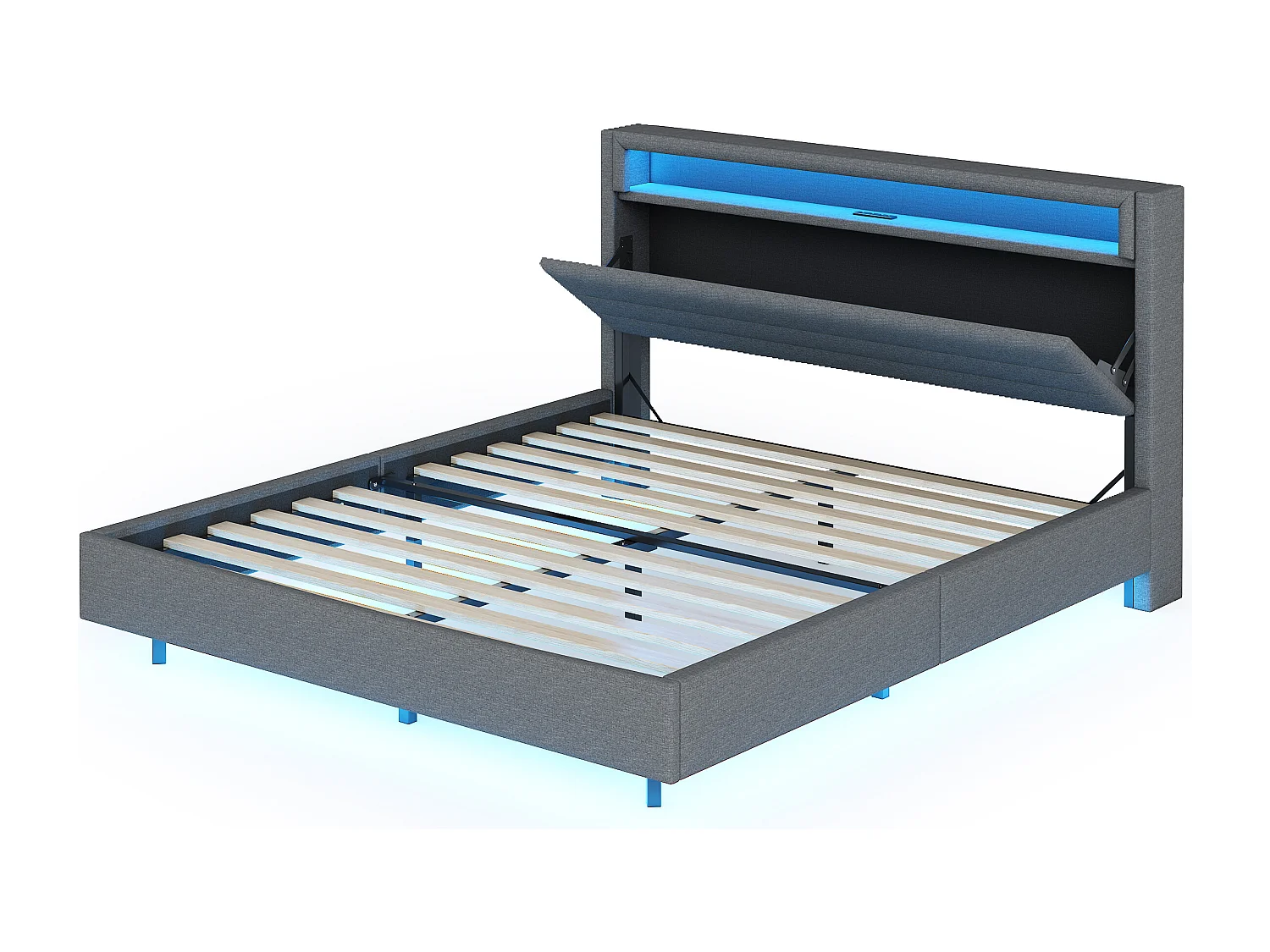 Lit adulte 140x200 cm, lit double avec USB et éclairage LED, tête de lit avec rangement - lin gris (sans matelas)