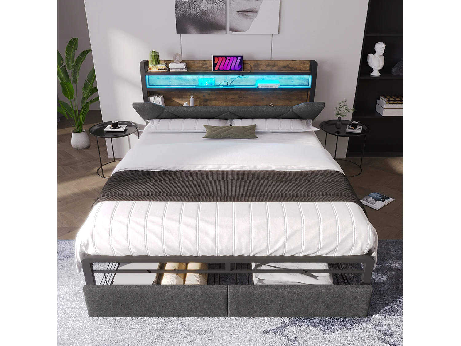 Lit adulte 160x200 - avec tête de lit avec rangement, 2 tiroirs, USB/Type-C, LED - en lin - gris - matelas inclus