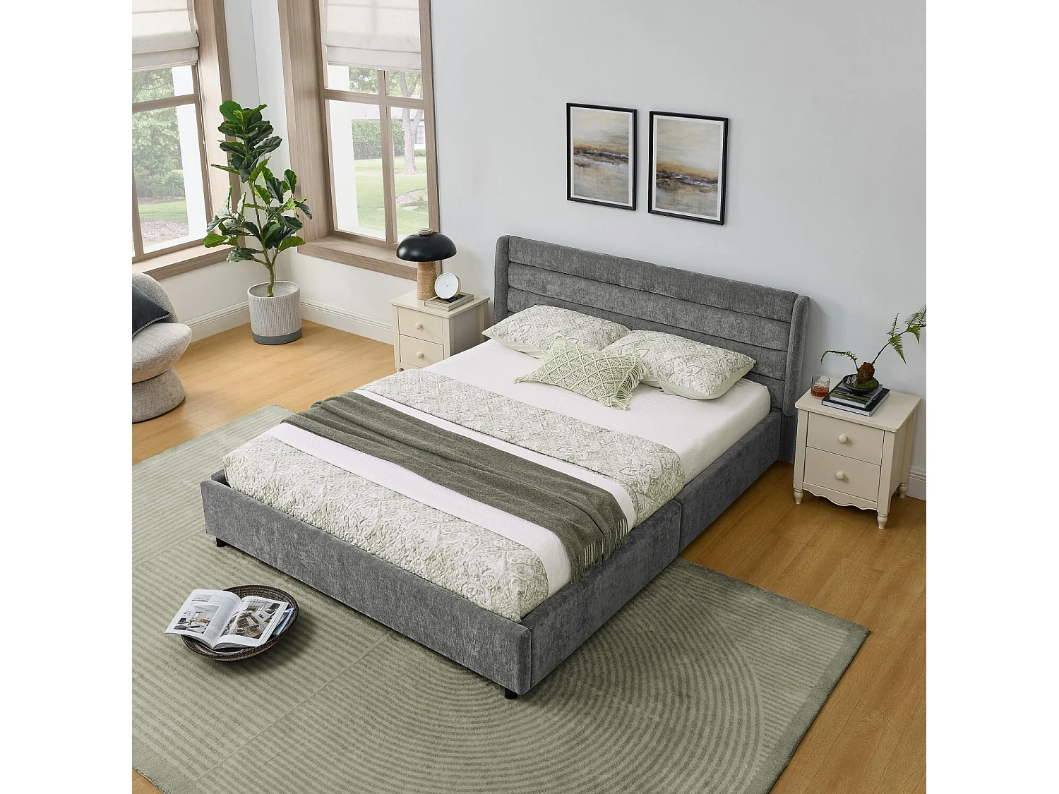 Cama adulto de 140 x 200 cm Cama doble con 4 cajones y somier de láminas - chenilla gris oscuro (sin colchón)