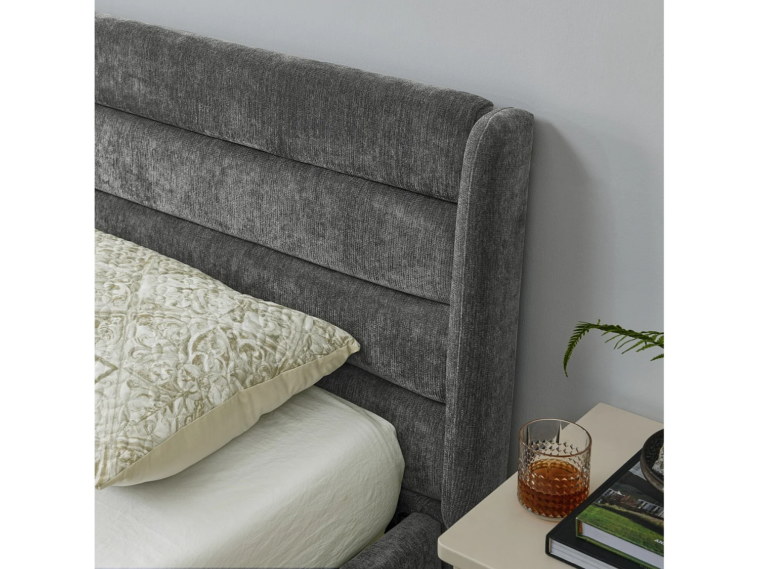 Cama adulto de 140 x 200 cm Cama doble con 4 cajones y somier de láminas - chenilla gris oscuro (sin colchón)