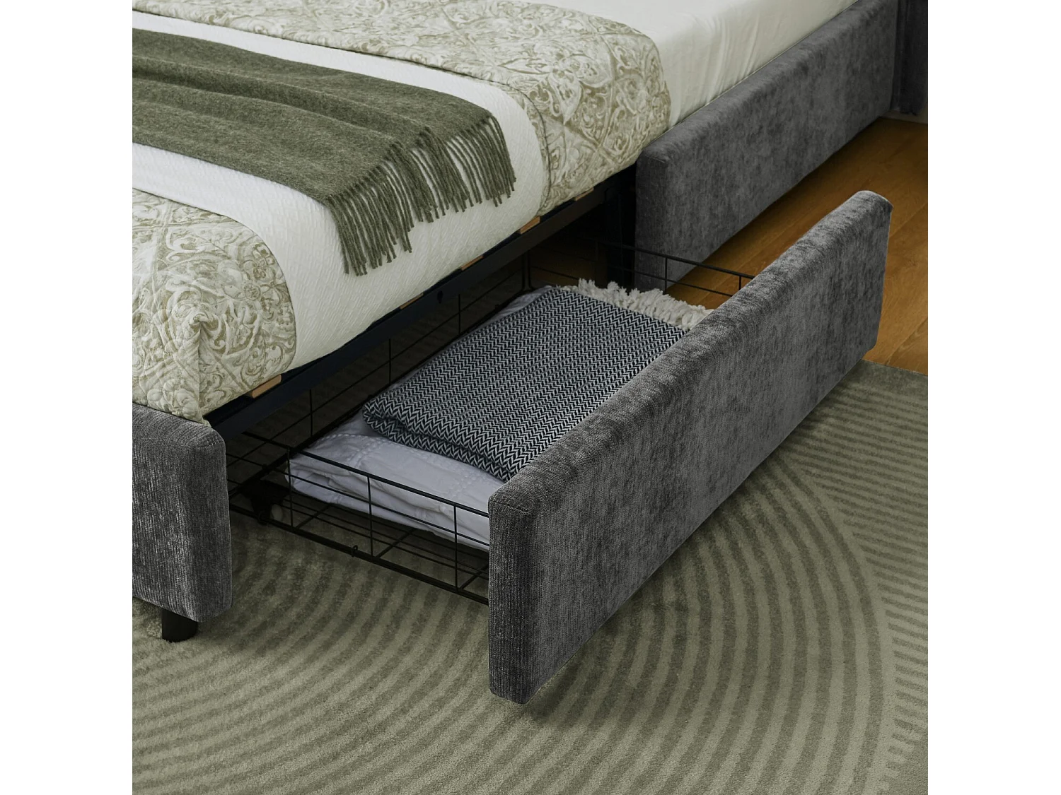 Cama adulto de 140 x 200 cm Cama doble con 4 cajones y somier de láminas - chenilla gris oscuro (sin colchón)