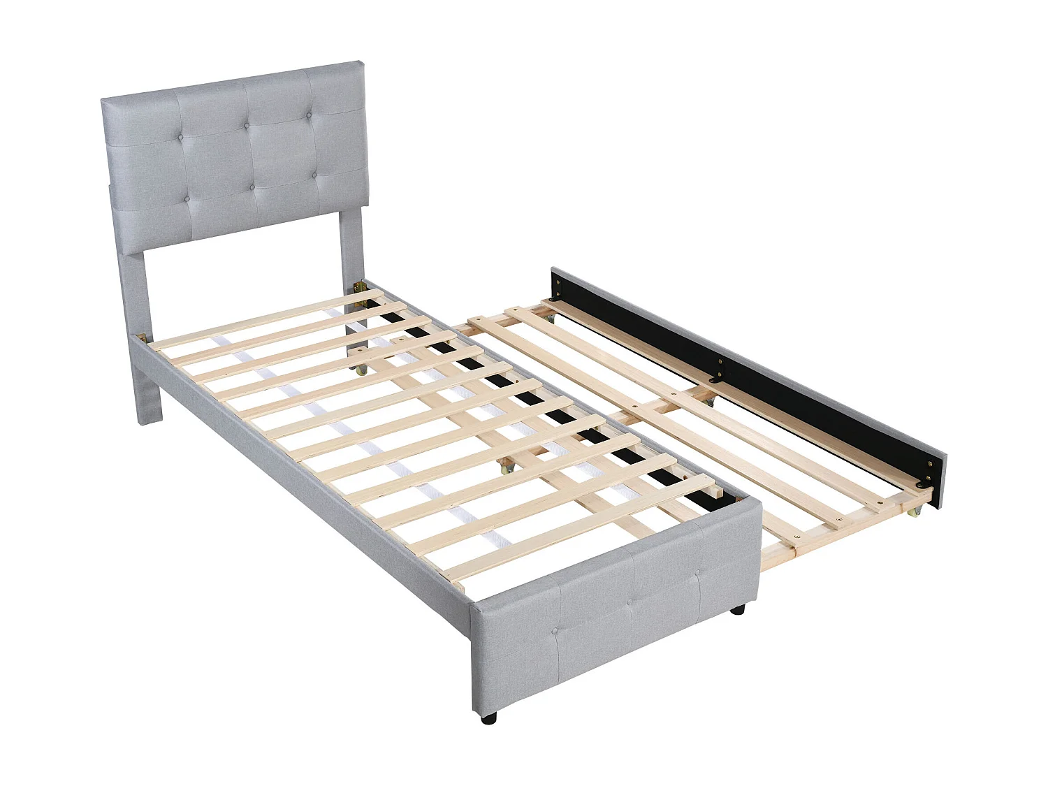 Lit enfant 90 x 200 cm - avec tête de lit, sommier à lattes - en lin - gris - sans matelas