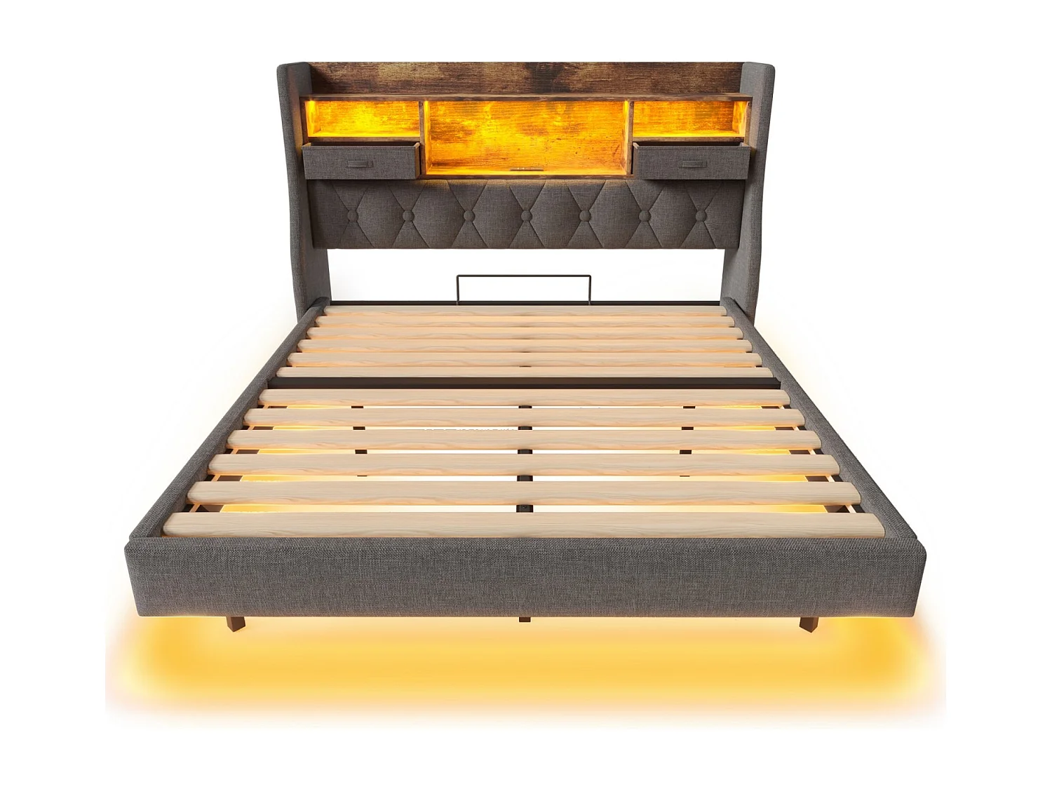 Volwassenenbed 180x200 cm Tweepersoonsbed met USB en LED, opberghoofdeinde - Grijs linnen (zonder matras)