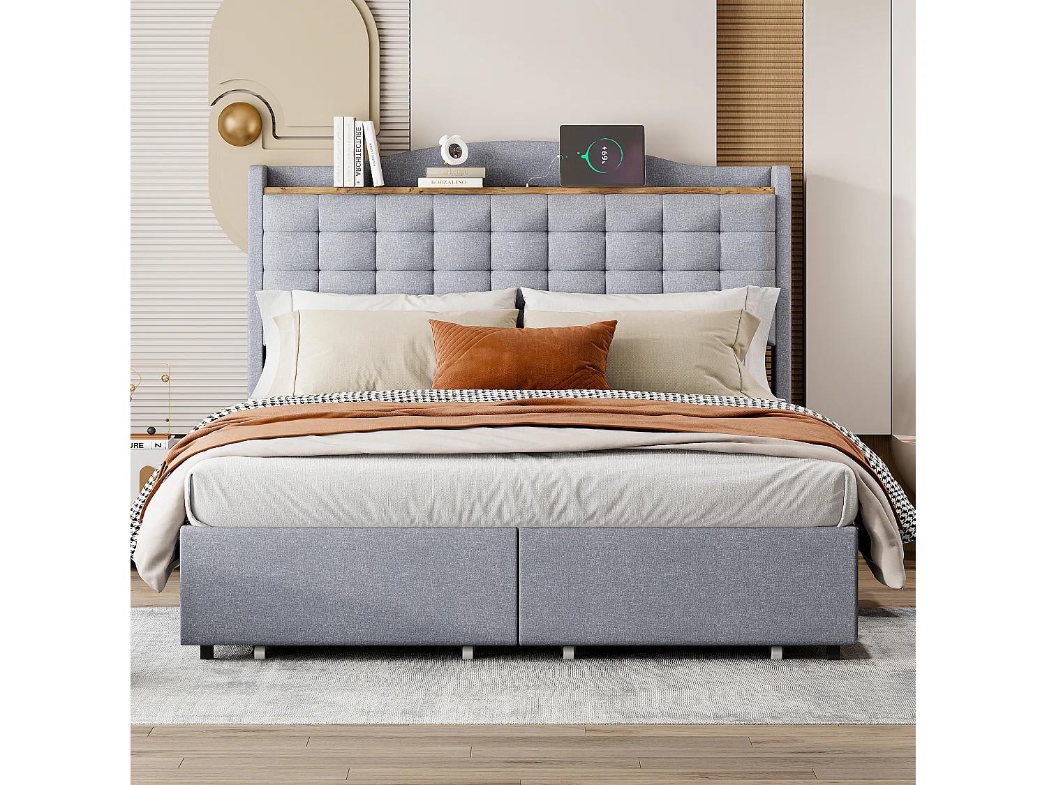 Lit adulte 140 x 200 cm - avec tête de lit avec rangement, USB, 4 tiroirs, sommier à lattes - en lin - gris - sans matelas