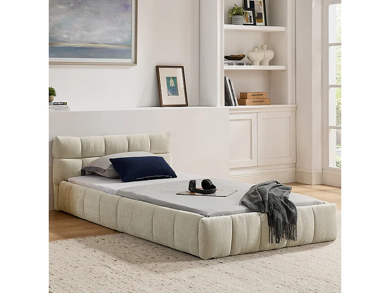 Łóżko dziecięce 90x200 cm Łóżko młodzieżowe z zagłówkiem i stelażem - beżowy szenil (bez materaca)