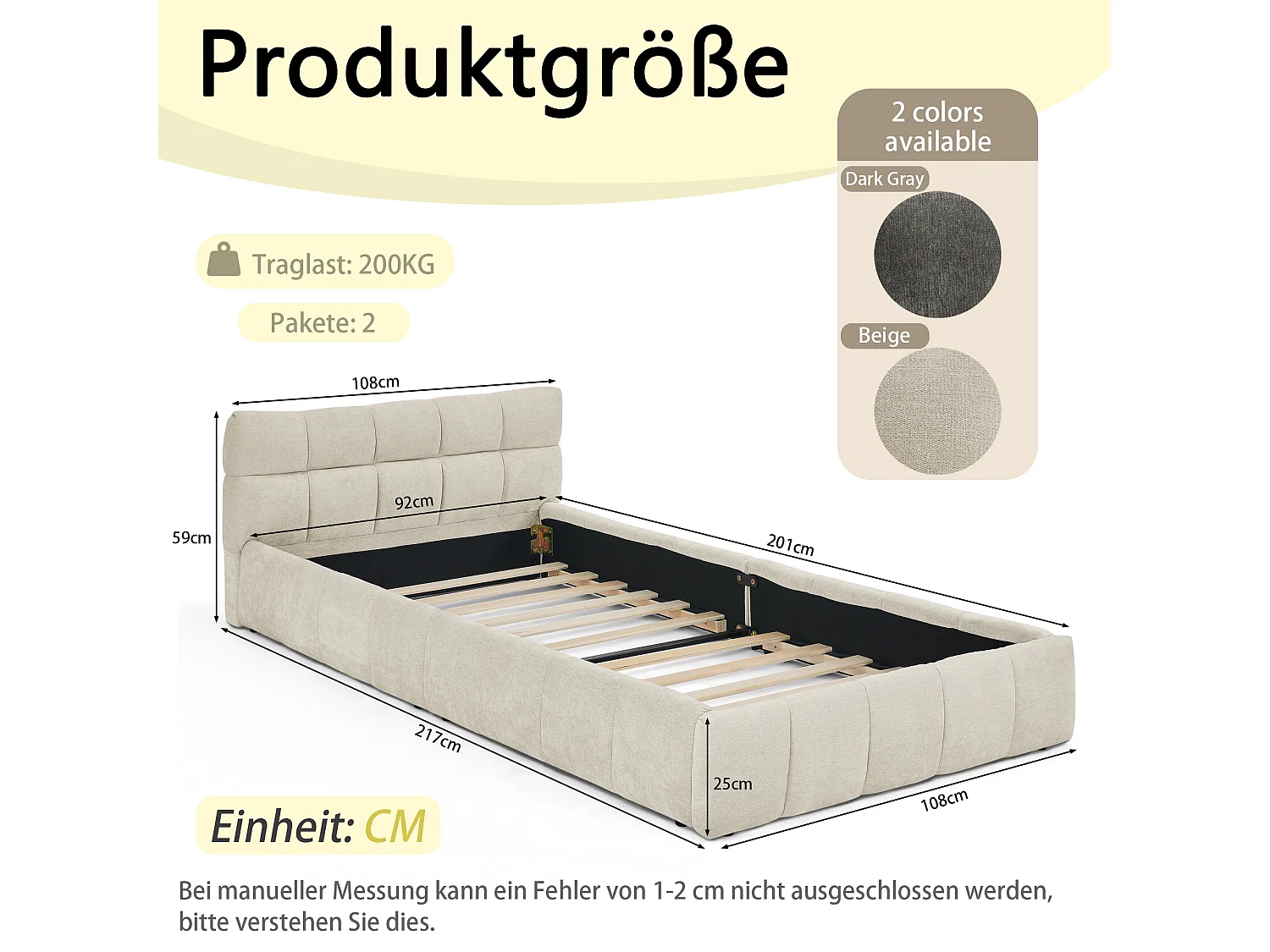 Lit enfant 90x200 cm Lit ado avec tête de lit capitonnée et sommier à lattes - chenille beige (sans matelas)