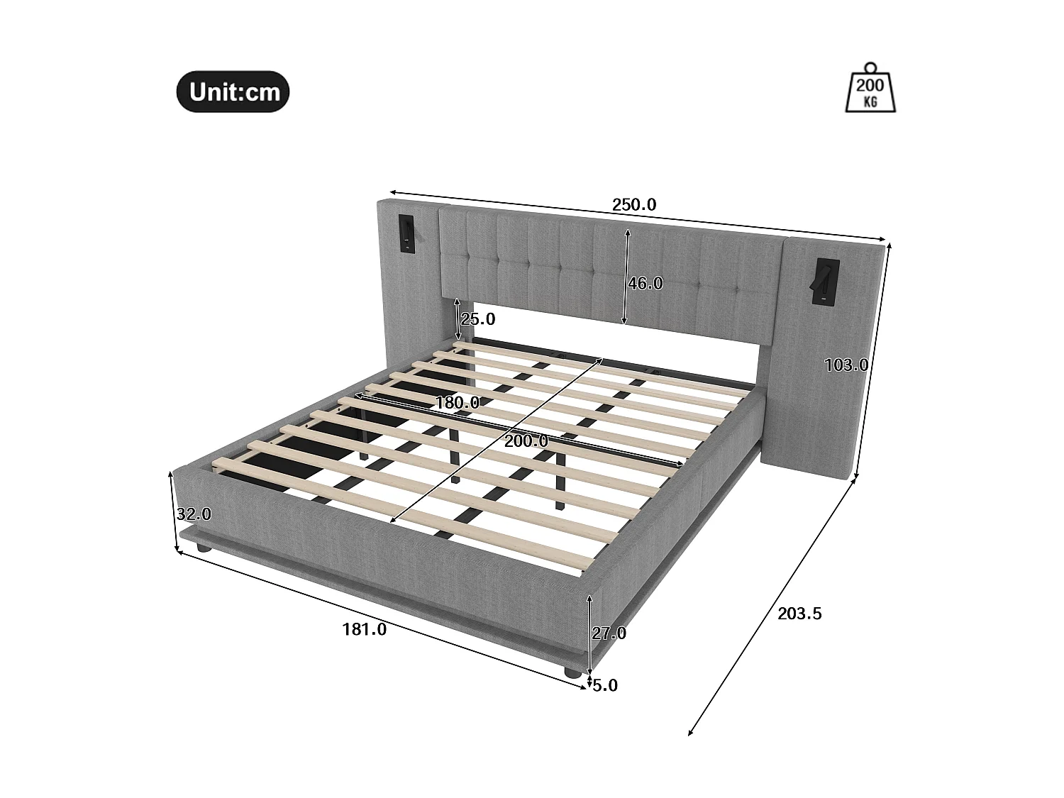 Lit adulte 180x200 cm Lit double avec bandeau LED et liseuse, prise USB - Lin gris (sans matelas)