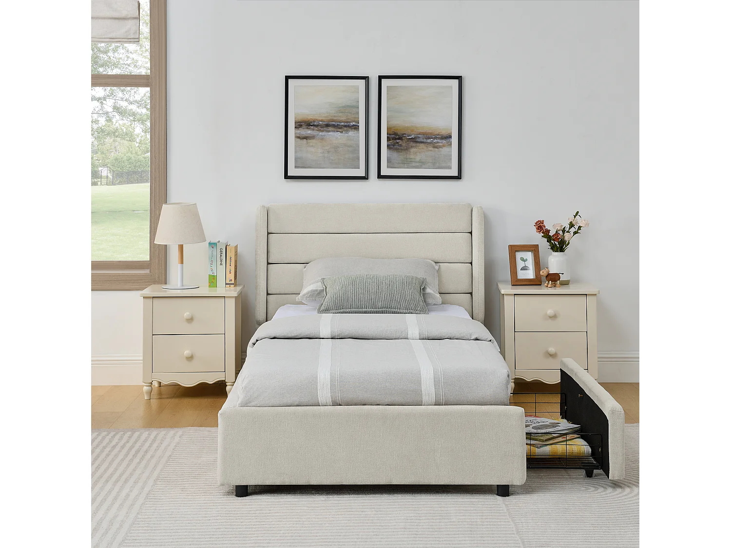 Cama infantil de 90 x 200 cm Cama juvenil con 2 cajones y somier de láminas - chenilla beige (sin colchón)